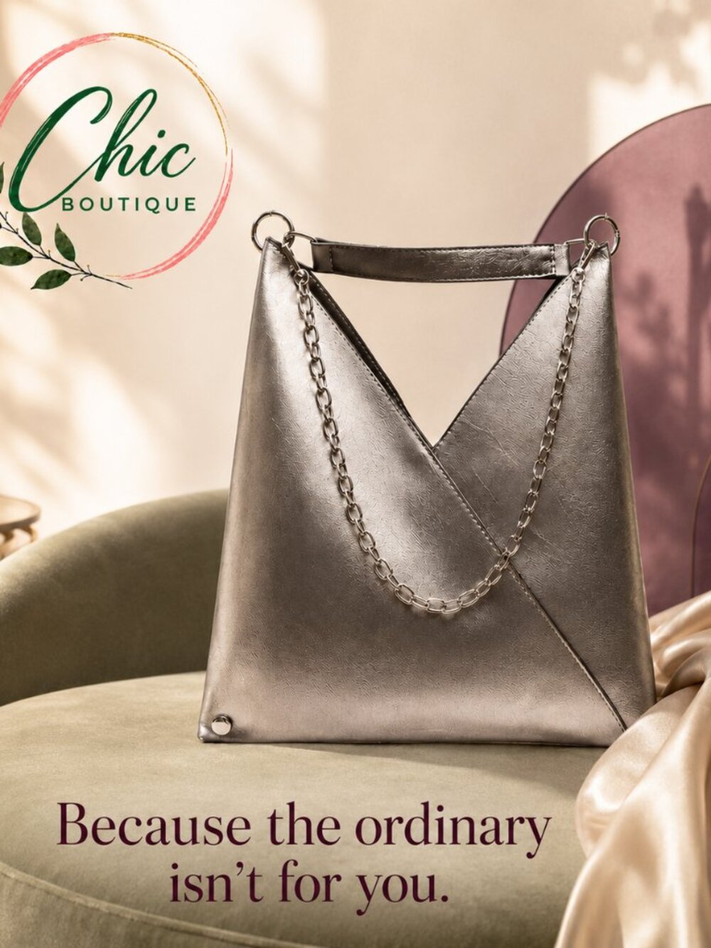 Elegant Silver Metallic Handbag With Chain Detail